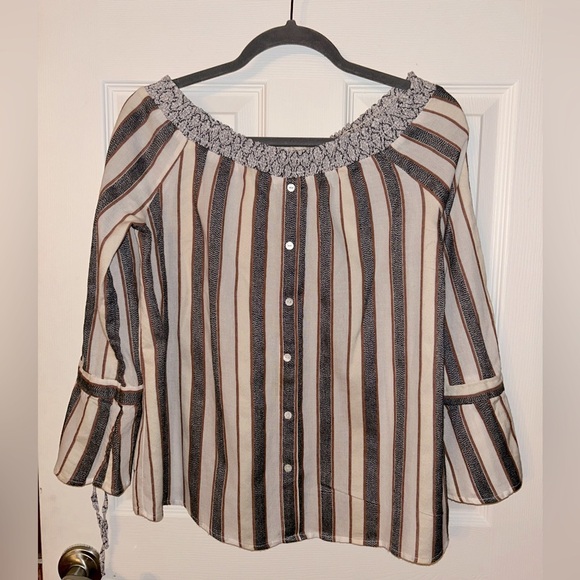 Mystree Tops - Mystree Striped Off the Shoulder Blouse with faux buttons size Small